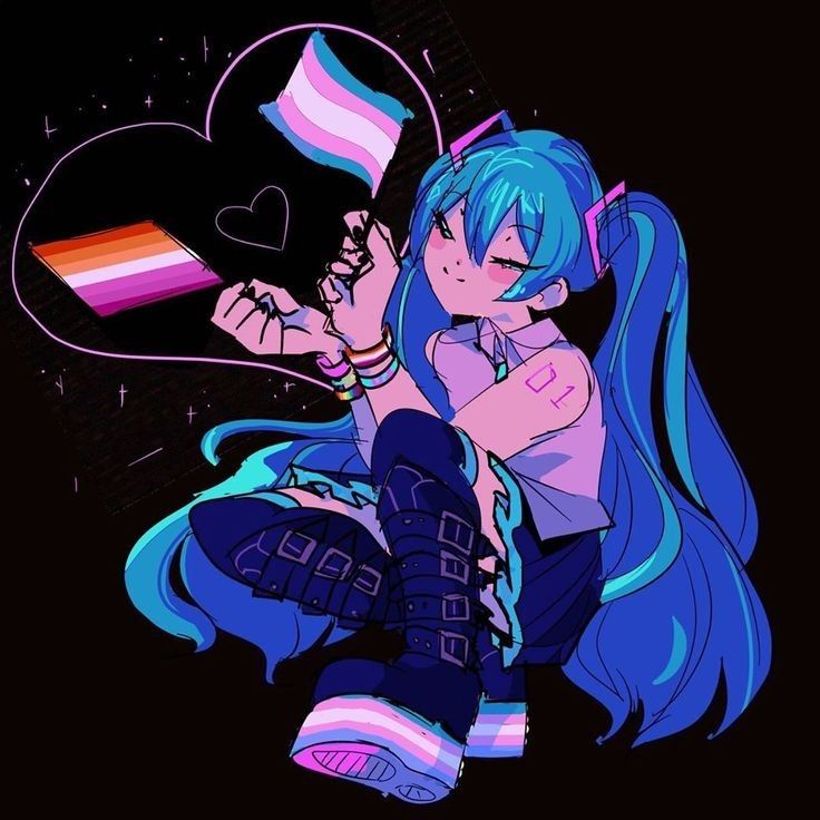 hatsune miku holding trans and lesbian flags grinning with eyes closed and making a heart